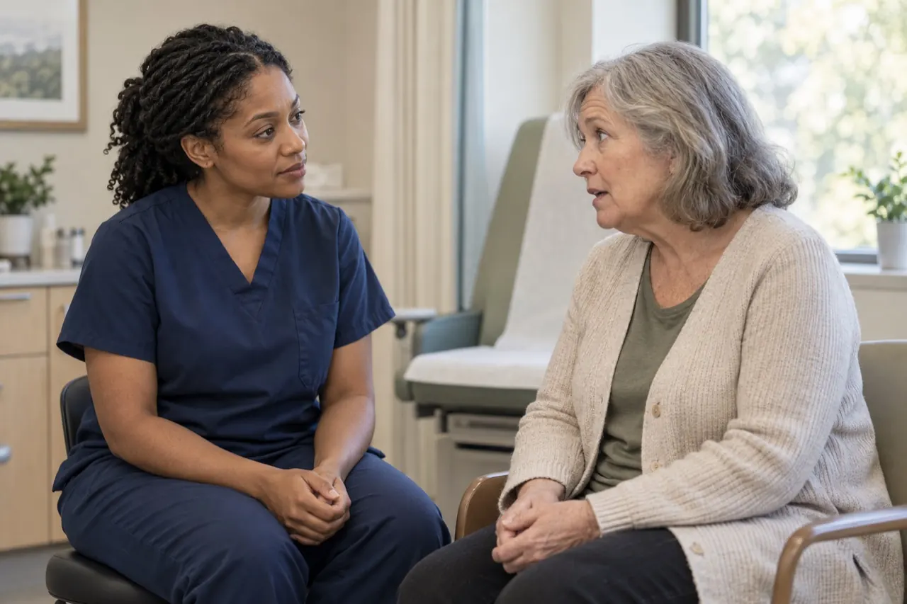 A nurse listens to an older patient in a clinical teaching room.