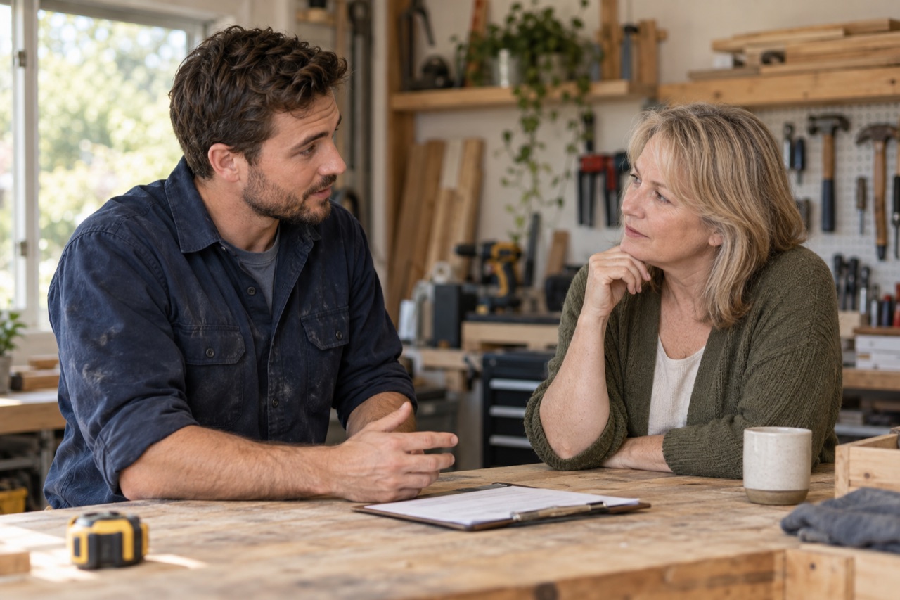 A tradesperson explains a work estimate to a customer.